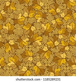 A seamless pattern with randomly arranged maple leaves against the background of four-finger symbolic flowers.