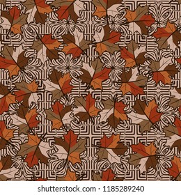 A seamless pattern with randomly arranged maple leaves against the background of four-finger symbolic flowers.
