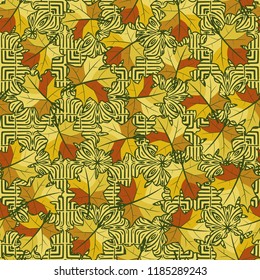 A seamless pattern with randomly arranged maple leaves against the background of four-finger symbolic flowers.