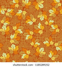 A seamless pattern with randomly arranged maple leaves against the background of four-finger symbolic flowers.