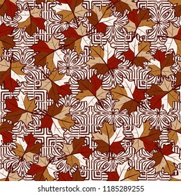 A seamless pattern with randomly arranged maple leaves against the background of four-finger symbolic flowers.