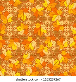 A seamless pattern with randomly arranged maple leaves against the background of four-finger symbolic flowers.