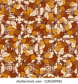 A seamless pattern with randomly arranged maple leaves against the background of quadrangles and half-bubbles.