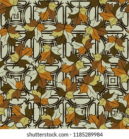 A seamless pattern with randomly arranged maple leaves against the background of quadrangles and half-bubbles.