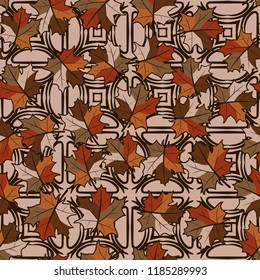 A seamless pattern with randomly arranged maple leaves against the background of quadrangles and half-bubbles.