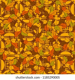 A seamless pattern with randomly arranged maple leaves against the background of quadrangles and half-bubbles.