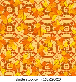 A seamless pattern with randomly arranged maple leaves against the background of quadrangles and half-bubbles.