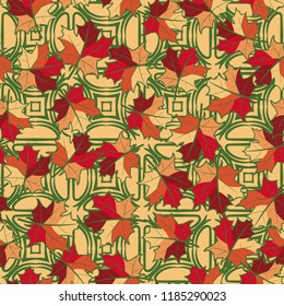 A seamless pattern with randomly arranged maple leaves against the background of quadrangles and half-bubbles.