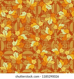 A seamless pattern with randomly arranged maple leaves against the background of quadrangles and half-bubbles.
