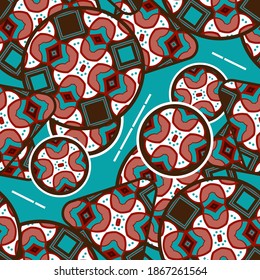 Seamless pattern with randomly arranged ornamented multicolored shapes on a light blue background. Oriental motives. Vector illustration