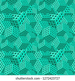 Seamless pattern of randomly arranged perforated cubes. Background, wallpaper, texture with elements of optical illusion. Vector illustration