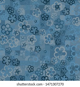 Seamless pattern with randomly arranged primitive images of flowers. Winter ice colors. Checkered background.