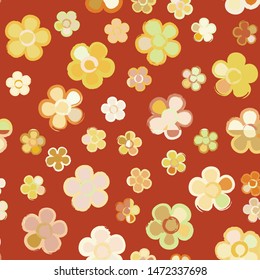 Seamless pattern with randomly arranged primitive images of flowers. Autumn colors.