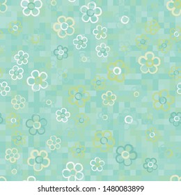 Seamless pattern with randomly arranged primitive images of flowers. Background from small multicolored squares.