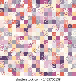 Seamless pattern with randomly arranged primitive images of flowers. Checkered background. Summer paint.