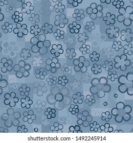 Seamless pattern with randomly arranged primitive images of flowers. Winter ice colors. Checkered background.