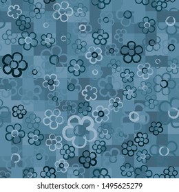 Seamless pattern with randomly arranged primitive images of flowers. Winter ice colors. Checkered background.