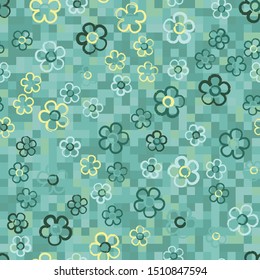 Seamless pattern with randomly arranged primitive images of flowers. Background from small multicolored squares.