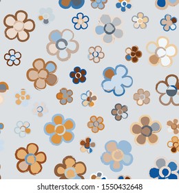 Seamless pattern with randomly arranged primitive images of flowers. Autumn colors.