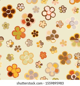 Seamless pattern with randomly arranged primitive images of flowers. Autumn colors.