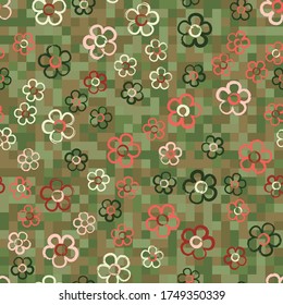 Seamless pattern with randomly arranged primitive images of flowers. Background from small multicolored squares.