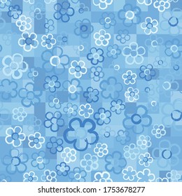 Seamless pattern with randomly arranged primitive images of flowers. Winter ice colors. Checkered background.