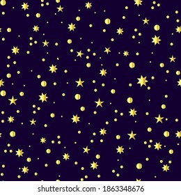 seamless pattern of randomly arranged snowflakes, stars, dots, crosses. Minimalistic white drawing on a dark blue background. Scandinavian simple design for printing on wallpaper, paper, fabric, cover
