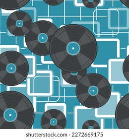 Seamless pattern with randomly arranged vinyl records and abstract background. Vector illustration