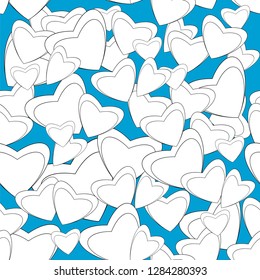 Seamless pattern with randomly arranged white hearts on a blue background. Vector illustration