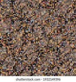Seamless pattern. Randomly colored quadrangles and oblique blobs consisting of small discs. Rust colors.