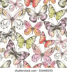 Seamless pattern of  randomly distributed butterflies with watercolor texture, vector illustration in vintage style.