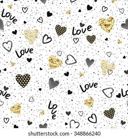 Seamless pattern of randomly distributed confetti and texture hearts on white background for Valentine's Day.