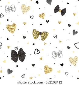 Seamless pattern of randomly distributed confetti, bows and texture hearts on white background with golden decoration for Valentine's Day.