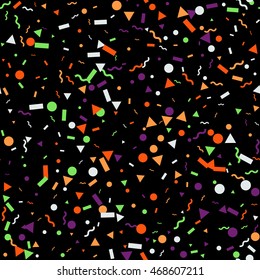 Seamless pattern with randomly falling bright circle, triangle, rectangle, wavy line on black background. Vector design.