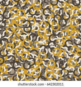 Seamless pattern. Randomly intertwined rings. Gray tones,  white, yellow.