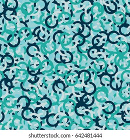 Seamless pattern. Randomly intertwined rings. White-blue, green-blue tones, blue  tones.