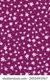 Seamless pattern with randomly many small pink flowers and snowflakes on wine red background. Romantic red, pink vector illustration. Winter background. Wedding decor.