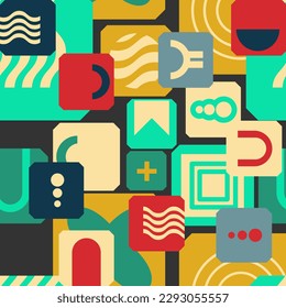 Seamless pattern with randomly placed abstract shapes in the Bauhaus style. Vintage color scheme. Vector illustration