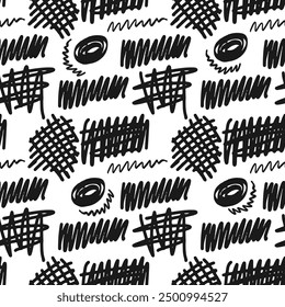 Seamless pattern with randomly placed black scribbles on a white background. Vector illustration