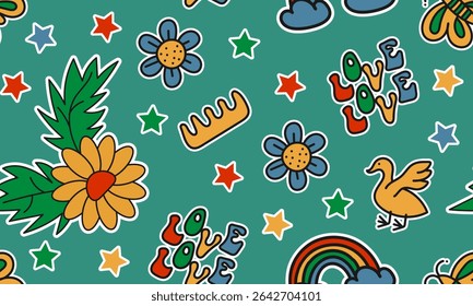 Seamless pattern with randomly placed cartoon groovy stickers on a turquoise background. Vector illustration