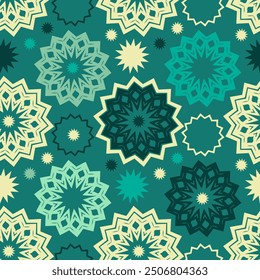 Seamless pattern with randomly placed decorative objects. Emerald and beige retro palette. Vector illustration