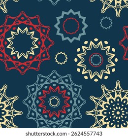 Seamless pattern with randomly placed decorative elements. Retro palette. Vector illustration
