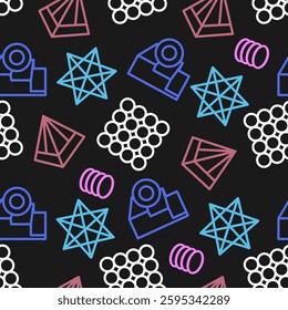 Seamless pattern with randomly placed multicolored geometric objects on a black background. Vector illustration