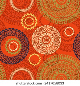 Seamless pattern with randomly placed openwork circles and rings. Colored objects on an orange background. Vector illustration