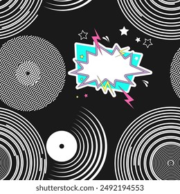 Seamless pattern with randomly placed stylized vinyl records and other decorative elements on a black background. Vector illustration