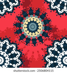 Seamless pattern with randomly placed stylized flowers on a red background. Vector illustration