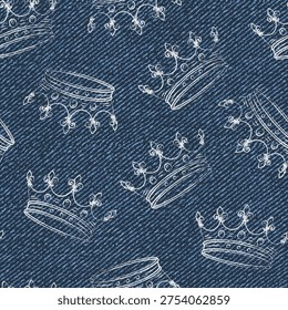 Seamless pattern with randomly scattered crowns on blue denim textured fabric. Outline illustrations. Print for apparel, textile design