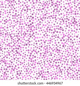 Seamless Pattern of Randomly Scattered Dots of Various Sizes and Shades of Magenta Color.