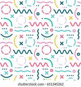 Seamless pattern with  with randomly scattered elements. Backdrop with a color wave, a circle, a line.  Background with geometric particles, modern decor. Abstract wallpaper with striped. Vector.