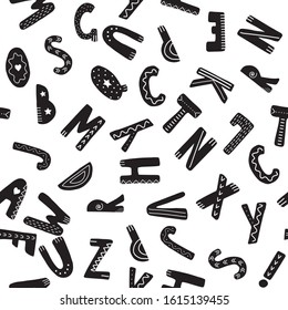 Seamless pattern with randomly scattered English letters on a white background. Monochrome scandinavian print in black and white stylish colors. Modern vector design.